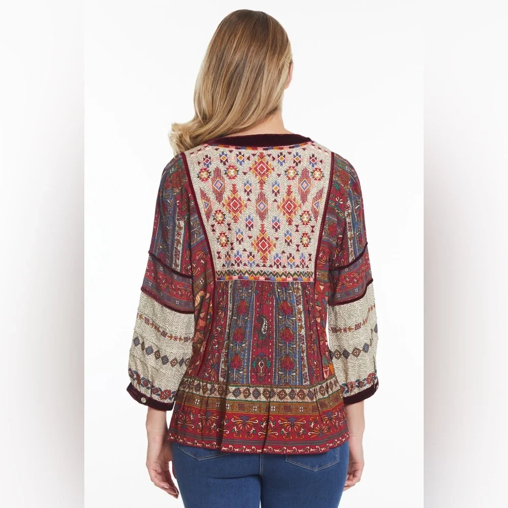 John Mark Burgundy and Cream Patterned Blouse - Picture 2 of 4